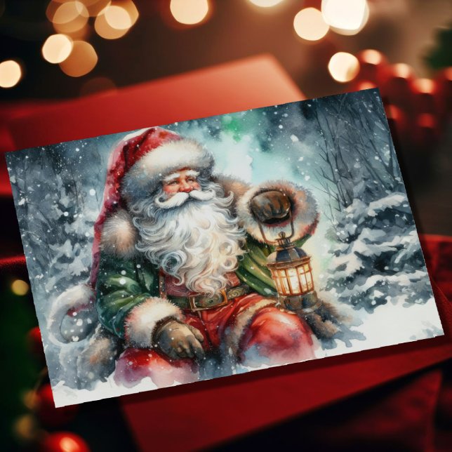 Cartão De Festividades Pintura em Aquarela Papai Noel na Floresta Nevada (Criador carregado)