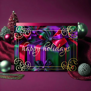 Cartão De Festividades Pintura Presentes de Natal Roxos Verde Burgundy