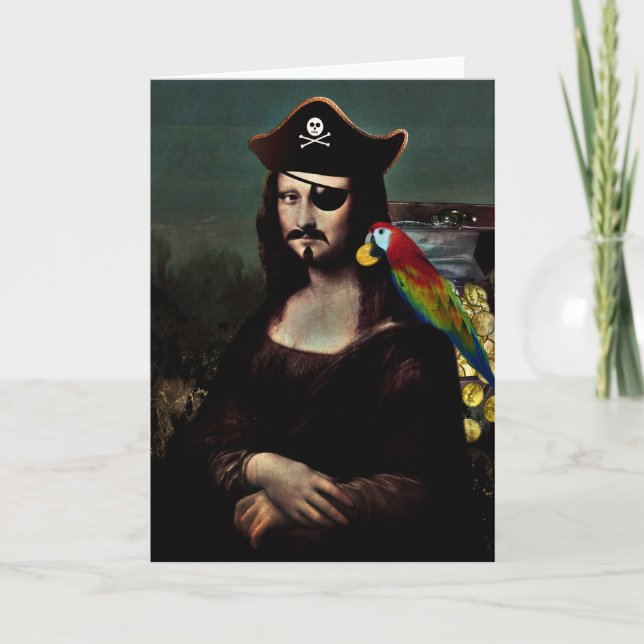 Cartão De Festividades Pirate Mona Lisa com Patch de Olhos (Frente)