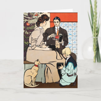 Cartão De Festividades Placa de Cena da Família Art Nouveau para natais v