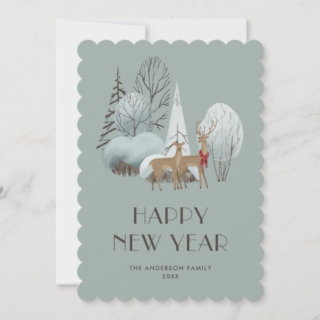 Cartão De Festividades Placa de Feliz ano novo Reindeer Snowy Forest (Frente)