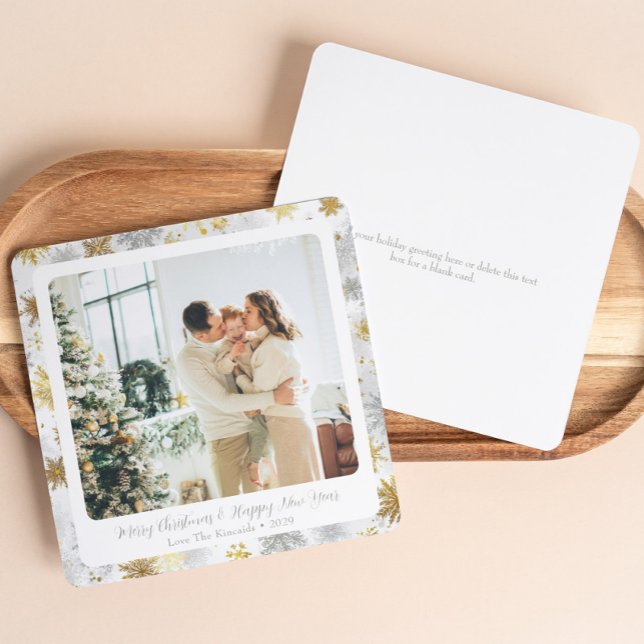 Cartão De Festividades Placa de Feriado de Neve Dourada Quadrada e Silver (Criador carregado)