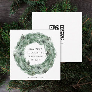 Cartão De Festividades Placa de Feriado Pine Tree Wreath Square com Códig