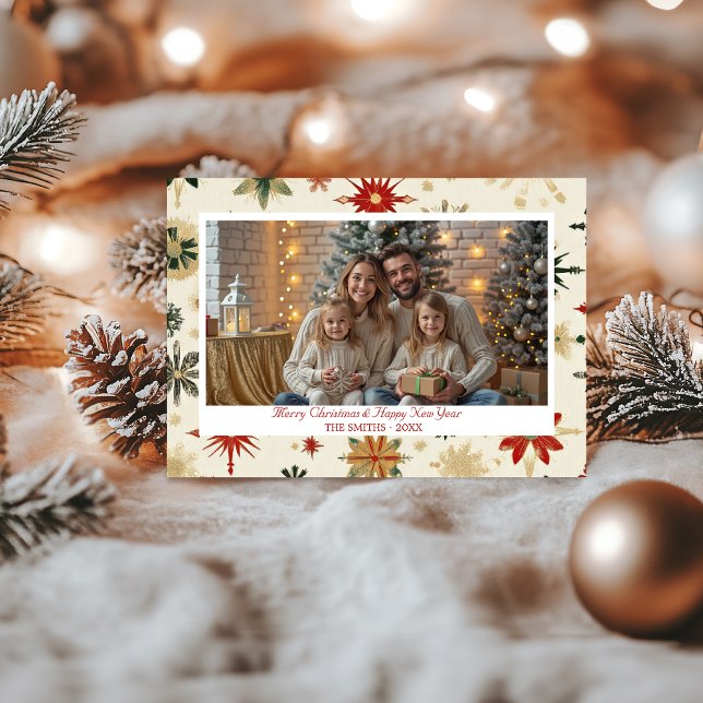 Cartão De Festividades Placa de Feriado Plana com Fotografia do Flocos de (Vintage Gold Snowflakes photo Flat Holiday Card)
