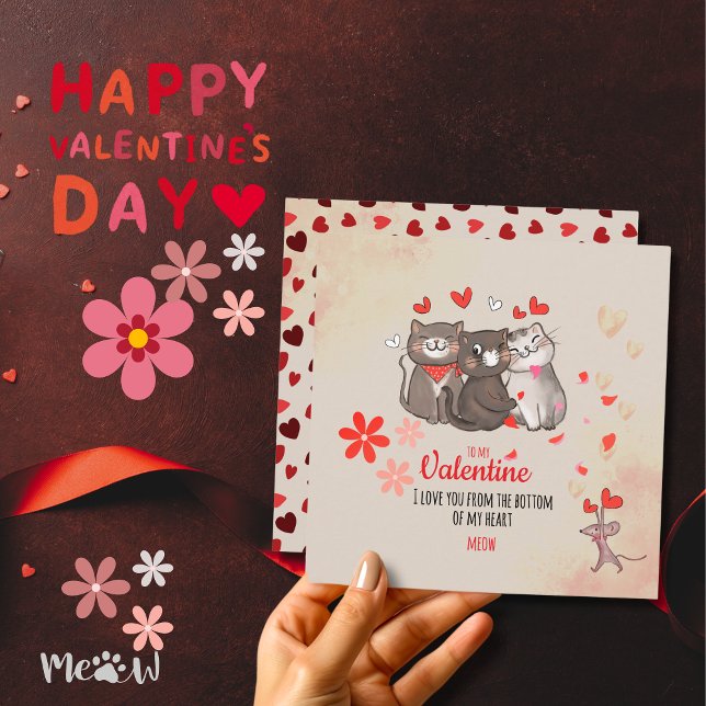 Cartão De Festividades Placa de Férias Flat para Namorados de Gatos Cutes (Meow Cute Cats Valentines Flat Holiday Card)