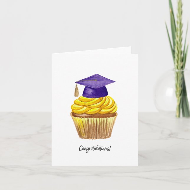 Cartão De Festividades Placa De Graduação, Boné De Aquarela Com Cupcake (Frente)