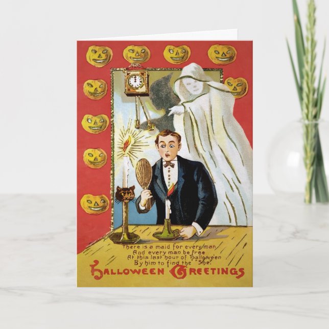 Cartão De Festividades Placa de Halloween do fantasma do espelho retrovis (Frente)