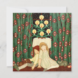 Cartão De Festividades Placa de natais vintages Crianças de árvores de