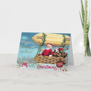 Cartão De Festividades Placa de natais vintages Papais noeis num Zeppel