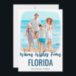 Cartão De Festividades Placa de Natal da Family Beach com Watercolor Stat<br><div class="desc">Quer um cartão de férias de praia da família que seja leve e costeiro? Envie desejos mortais personalizados neste cartão de Natal de fotografia de praia do seu lugar favorito com este incrível efeito de cor d'água pintada. Você pode personalizar o local, seja uma cidade, um estado ou um lugar...</div>