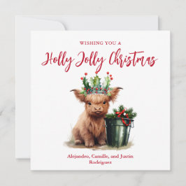 Cartão De Festividades Placa de Natal Highland Cow Holly Jolly - Quadrado