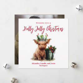 Cartão De Festividades Placa de Natal Highland Cow Holly Jolly - Quadrado