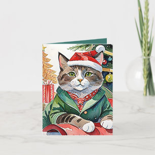 Cartão De Festividades Placa de Natal Meowy Tabby Cat Watercolor Holiday
