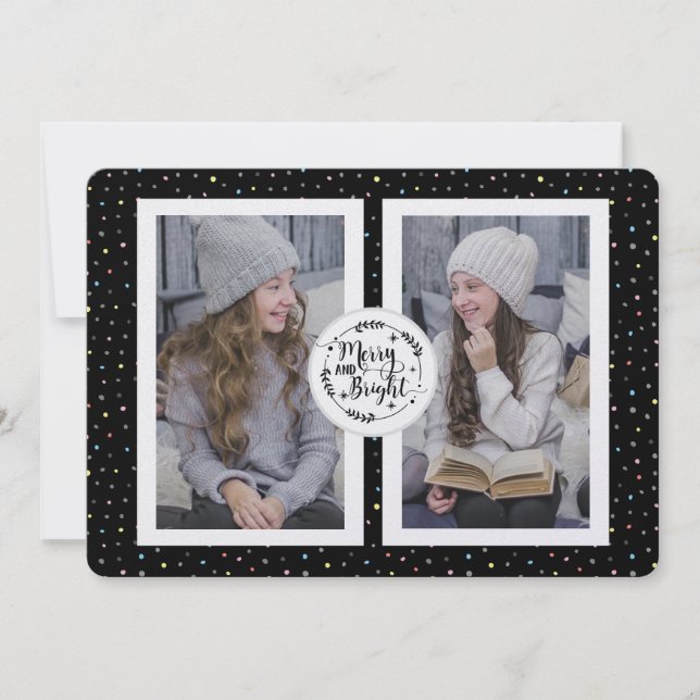 Cartão De Festividades Placa de Natal Moderna e Bolinhas Duas Fotografias (Frente)