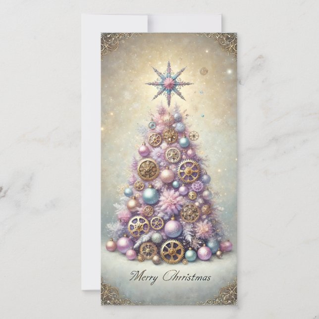 Cartão De Festividades Placa de Natal Pastel Steampunk Árvore Roxo (Frente)