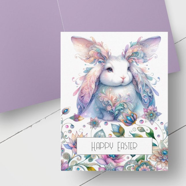 Cartão De Festividades Placa de Páscoa Coelhinha das Flores de Mola Bonit (Spring bunny birthday cards features unique rabbit and floral art in pastel shades of pink, purple )