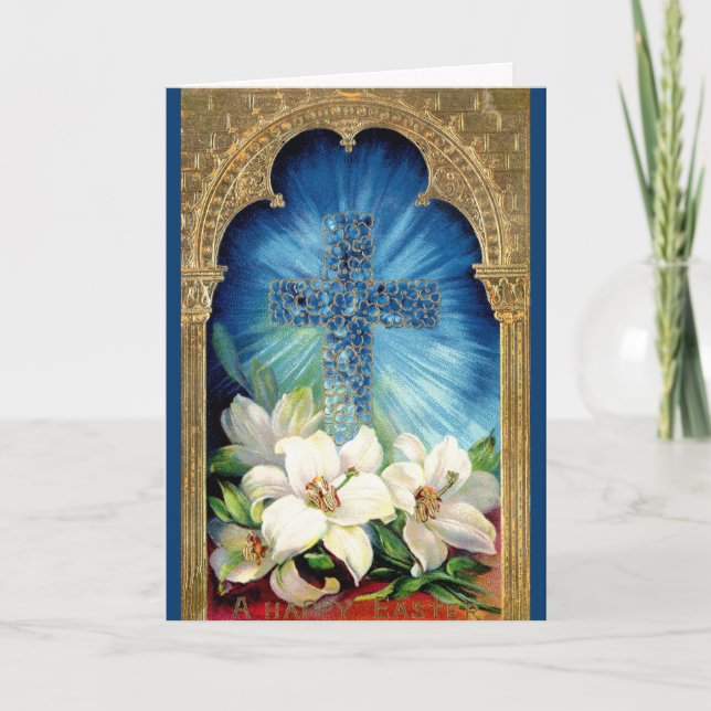Cartão De Festividades Placa de Páscoa Cruzada Floral Azul e Dourada (Frente)