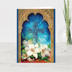 Cartão De Festividades Placa de Páscoa Cruzada Floral Azul e Dourada