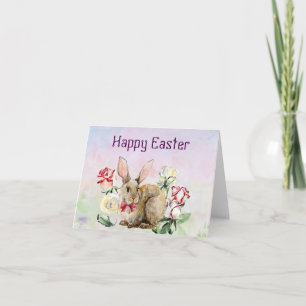 Cartão De Festividades Placa de Páscoa de Aquarela com Coelhinhos e Flor