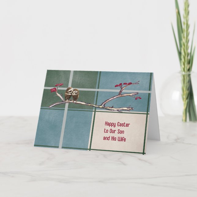 Cartão De Festividades Placa de páscoa para Design Xadrez Azul Son & Wife (Frente)