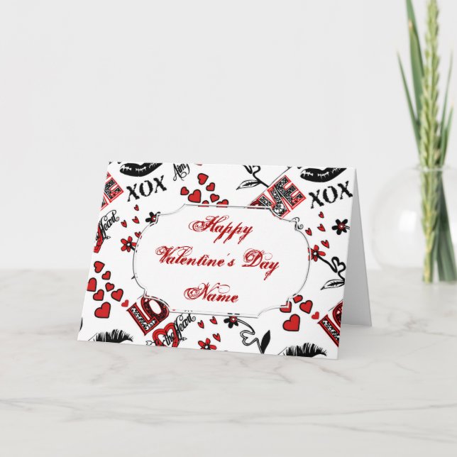 Cartão De Festividades Placa de Saudação do Motif Namorados Branco Vermel (Frente)