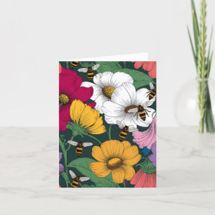 Cartão De Festividades Placa de Vazio Colorida Flores e Abelhas