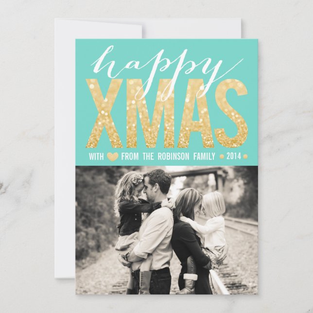 Cartão De Festividades Placa Dourada de Fotografia Glitter de Natal Aqua (Frente)