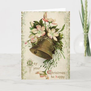 Cartão De Festividades Placa natal vintage Bell (Floral Rosa)