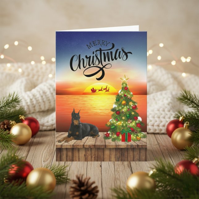 Cartão De Festividades Placa Sunset de Natal Doberman (Doberman Christmas Sunset Card)