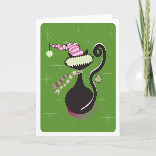 Cartão De Festividades Placa verde do Gatinho papai noel (Frente)