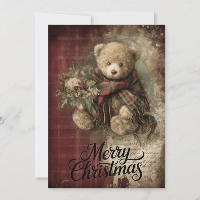 Cartão De Festividades Plaid Bear & Holly Wishes (Frente)