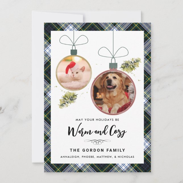 Cartão De Festividades Plaid Family Christmas 2 Pet Photos Gordon Tartan (Frente)