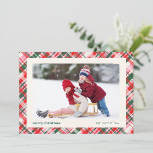 Cartão De Festividades Plaid Moderno de Natal Rosa Vermelho Verde Foto Fo