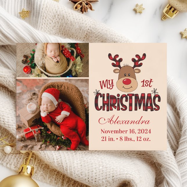 Cartão De Festividades Plaid Reindeer Baby First Christmas 2 Photo  (Criador carregado)