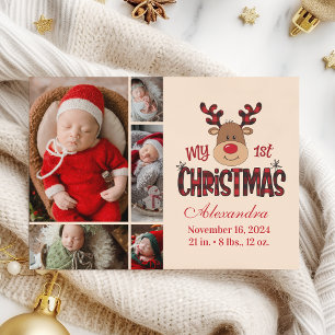 Cartão De Festividades Plaid Renas Bebê Primeiro Natal 5 Foto 