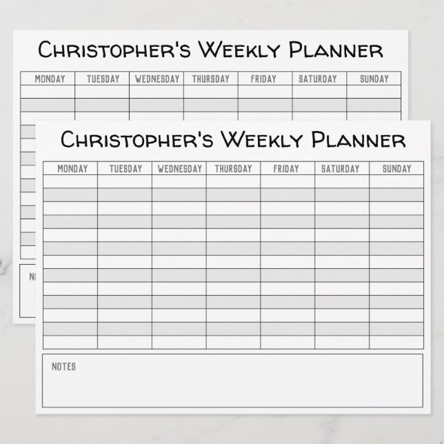 Cartão De Festividades Planejador Semanal para Personalizar com o Nome em (Frente/Verso)