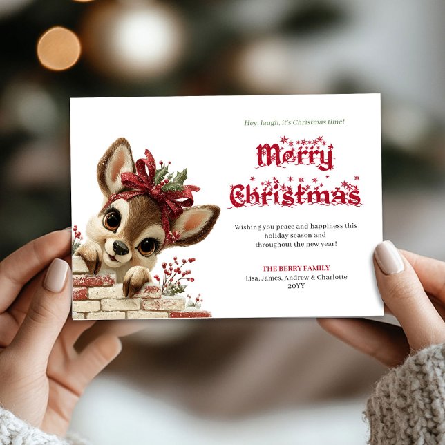 Cartão De Festividades Playful Funny Reindeer Snow kids holiday greeting  (Playful Funny Reindeer Snow kids holiday greeting card)