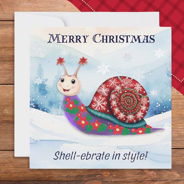 Cartão De Festividades Pó Festivo Festivo de Neve de Natal Humorístico (A funny Christmas card with picture of a jolly snail wearing a festive sweater in the snow)