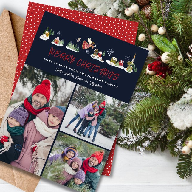 Cartão De Festividades Pobre Anjo Paz na Terra Foto Natal 3 Fotos (christmas holiday 3 photos card,santa and his reindeers,cute kids children,nordic village landscape )