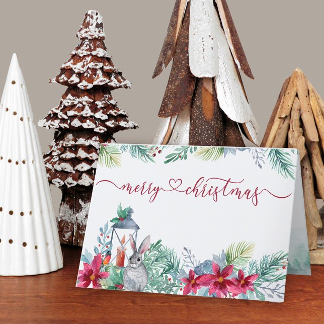 Cartão De Festividades Pobreza Verde-Inverno e Coelho Aquarela (Traditional Christmas Card. Buy professionally printed or as a printable digital download.)