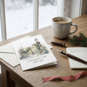 Cartão De Festividades Poem Green Foliage Berries Snow Natal