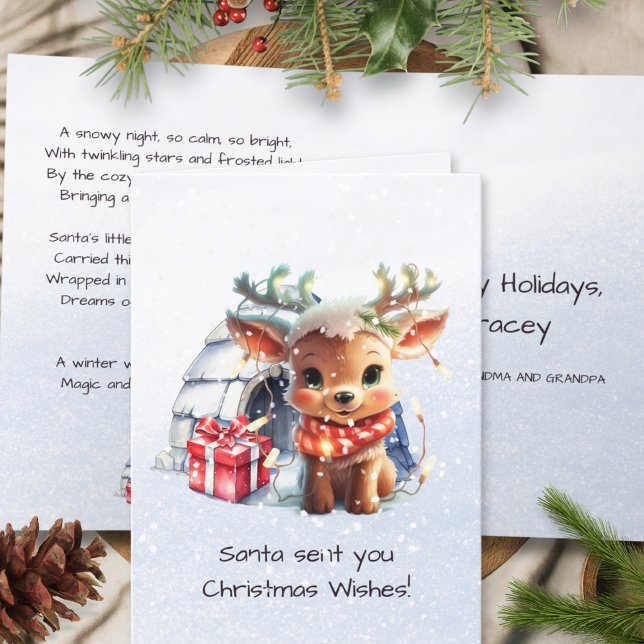 Cartão De Festividades Poem Rhyme Cute Reindeer Snowflakes Natal Crianças (Criador carregado)