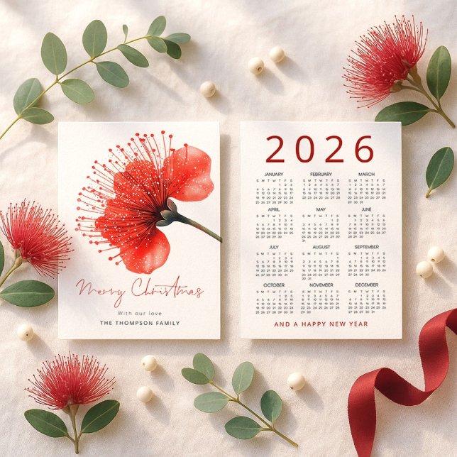 Cartão De Festividades Pōhutuka Flower 2026 Calendar Feliz Natal (Front and back view)