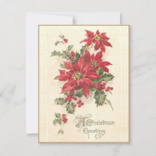 Cartão De Festividades Poinsétia de Natal Azevinho Vermelho Vintage Féria