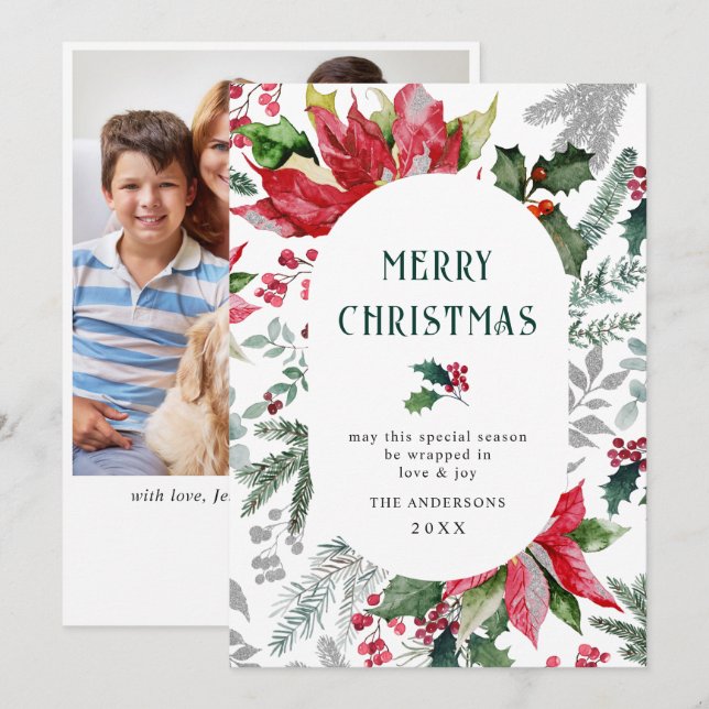 Cartão De Festividades Poinsétia Festiva Natal Musgo Foto (Frente/Verso)