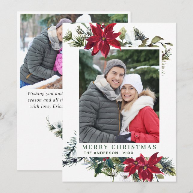 Cartão De Festividades Poinsétia Vermelha Festiva Saudação de Natal 2 FOT (Frente/Verso)
