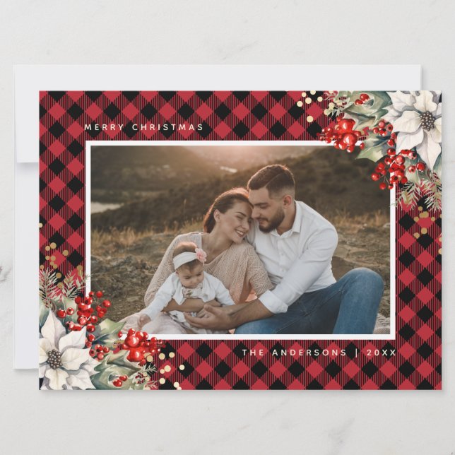 Cartão De Festividades Poinsétia Vermelha Frutas de Azevinho Foto Natal (Frente)