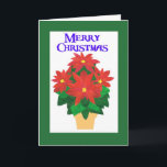 Cartão De Festividades Poinsétias vermelhas festivas no Feliz Natal<br><div class="desc">'Um Feliz Natal brilhante, festivo; cartão com um pote do ouro-efeito de poinsétias vermelhas brilhantes em um fundo branco com rotulação azul profunda e uma beira verde. O design é de uma colagem de papel pintado à mão por Judy Adamson e você pode mudar a mudança a mensagem interna se...</div>