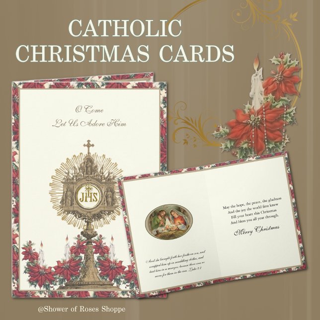Cartão De Festividades Poinsetos Religiosos do Natal Velas de Jesus (Traditional Catholic Christmas Cards with Eucharist, Scripture, and Holy Rosary, Poinsettias)