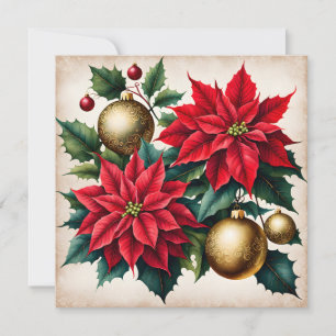 Cartão De Festividades Poinsetos vermelhos de Natal e ornamentos de Ouros
